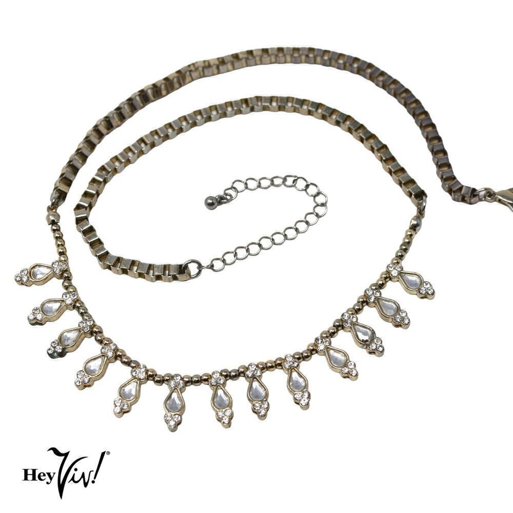 Vintage Elegant Box Chain Necklace with Teardrop Rhinestones 25" long - Hey Viv